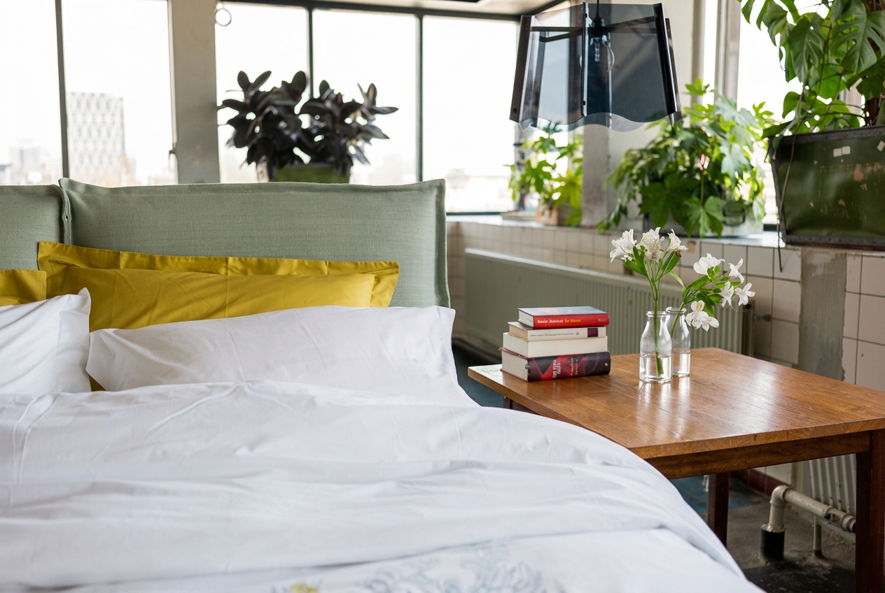 Bett mit heller Naturbettwäsche aus Bio-Baumwolle im Morgenlicht